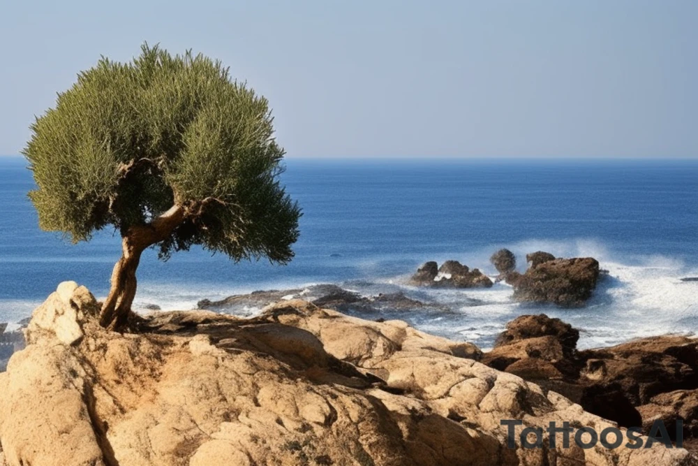 The design features an olive tree with its roots planted in a rocky cliff, overlooking a vast and tumultuous sea. The waves are depicted in a realistic style, with detailed shading and intricate patterns that create a sense of movement and depth.

The olive tree is drawn in a minimalist style, with thin, delicate lines that contrast with the bold and dynamic waves. The leaves of the tree are depicted in a way that suggests movement and energy, as if they are being blown by the wind tattoo idea