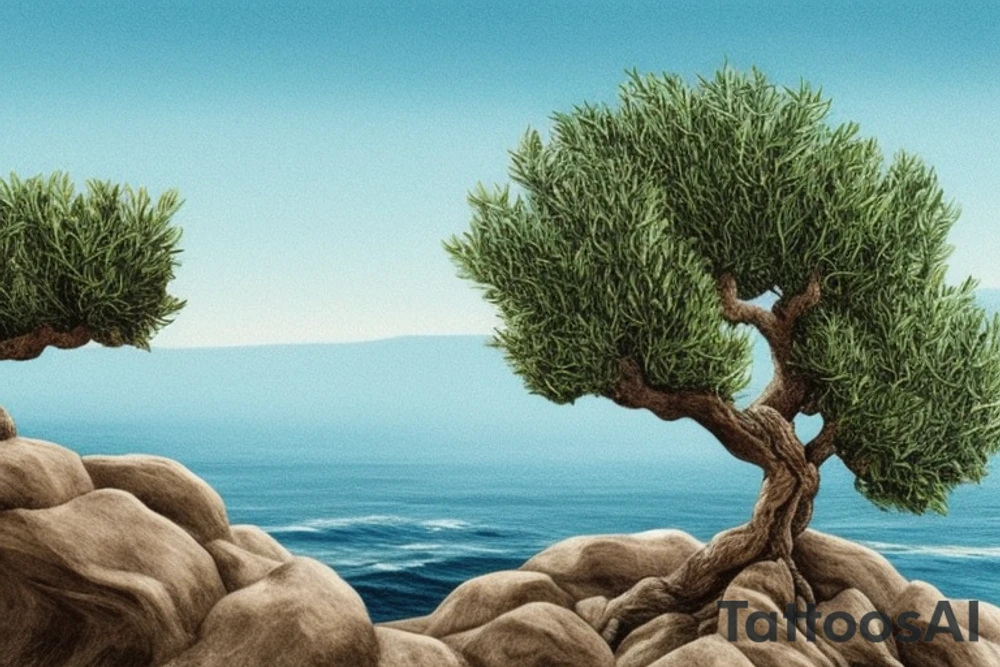 The design features an olive tree with its roots planted in a rocky cliff, overlooking a vast and tumultuous sea. The waves are depicted in a realistic style, with detailed shading and intricate patterns that create a sense of movement and depth.

The olive tree is drawn in a minimalist style, with thin, delicate lines that contrast with the bold and dynamic waves. The leaves of the tree are depicted in a way that suggests movement and energy, as if they are being blown by the wind tattoo idea