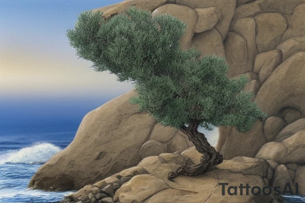 The design features an olive tree with its roots planted in a rocky cliff, overlooking a vast and tumultuous sea. The waves are depicted in a realistic style, with detailed shading and intricate patterns that create a sense of movement and depth.

The olive tree is drawn in a minimalist style, with thin, delicate lines that contrast with the bold and dynamic waves. The leaves of the tree are depicted in a way that suggests movement and energy, as if they are being blown by the wind tattoo idea