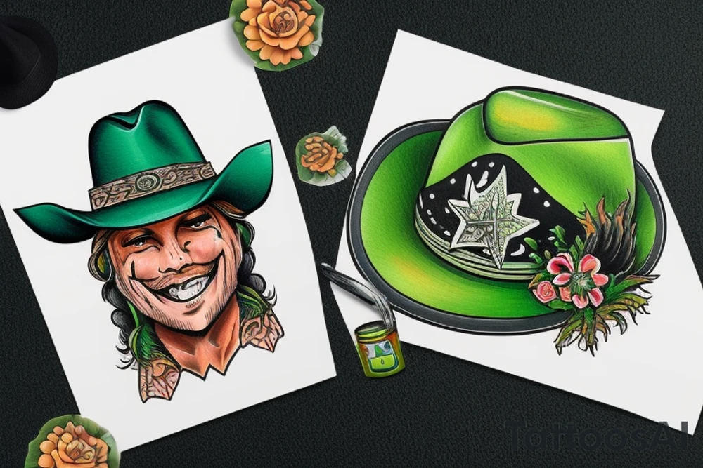 Green smiling bomb wearing a cowboy hat tattoo idea