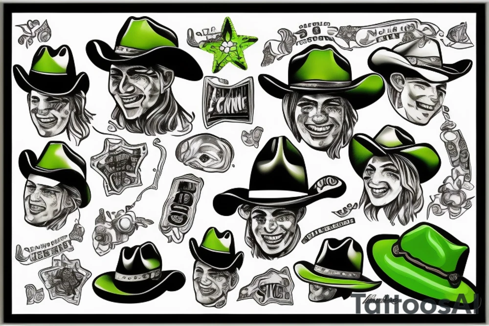 Green smiling bomb wearing a cowboy hat tattoo idea