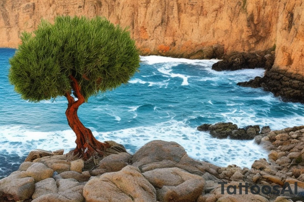 The design features an olive tree with its roots planted in a rocky cliff, overlooking a vast and tumultuous sea. The waves are depicted in a realistic style, with detailed shading and intricate patterns that create a sense of movement and depth.

The olive tree is drawn in a minimalist style, with thin, delicate lines that contrast with the bold and dynamic waves. The leaves of the tree are depicted in a way that suggests movement and energy, as if they are being blown by the wind tattoo idea