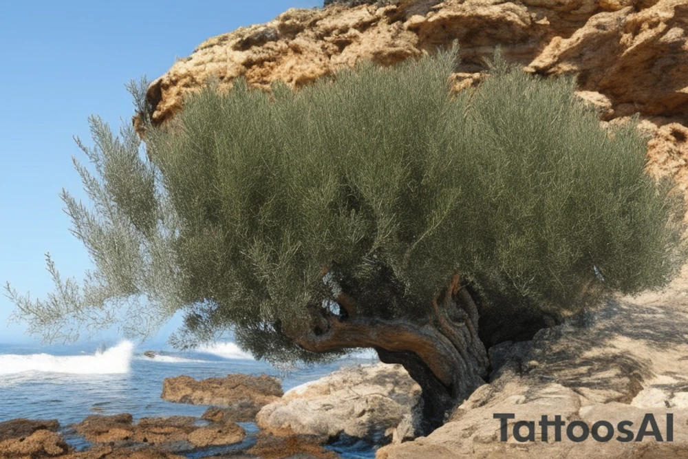 The design features an olive tree with its roots planted in a rocky cliff, overlooking a vast and tumultuous sea. The waves are depicted in a realistic style, with detailed shading and intricate patterns that create a sense of movement and depth.

The olive tree is drawn in a minimalist style, with thin, delicate lines that contrast with the bold and dynamic waves. The leaves of the tree are depicted in a way that suggests movement and energy, as if they are being blown by the wind tattoo idea