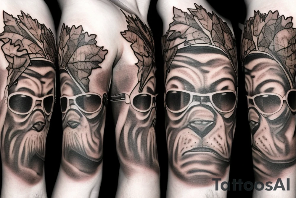 brown bear wearing sunglasses, in one eye canadian maple leaf, in another eye jewish david star tattoo idea