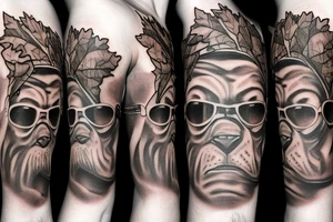 brown bear wearing sunglasses, in one eye canadian maple leaf, in another eye jewish david star tattoo idea