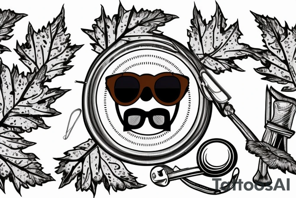 brown bear wearing sunglasses, in one eye canadian maple leaf, in another eye jewish david star tattoo idea