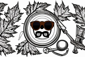 brown bear wearing sunglasses, in one eye canadian maple leaf, in another eye jewish david star tattoo idea