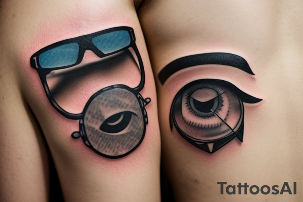 bear face wearing sunglasses, in one eye canadian maple leaf, in another eye jewish david star tattoo idea