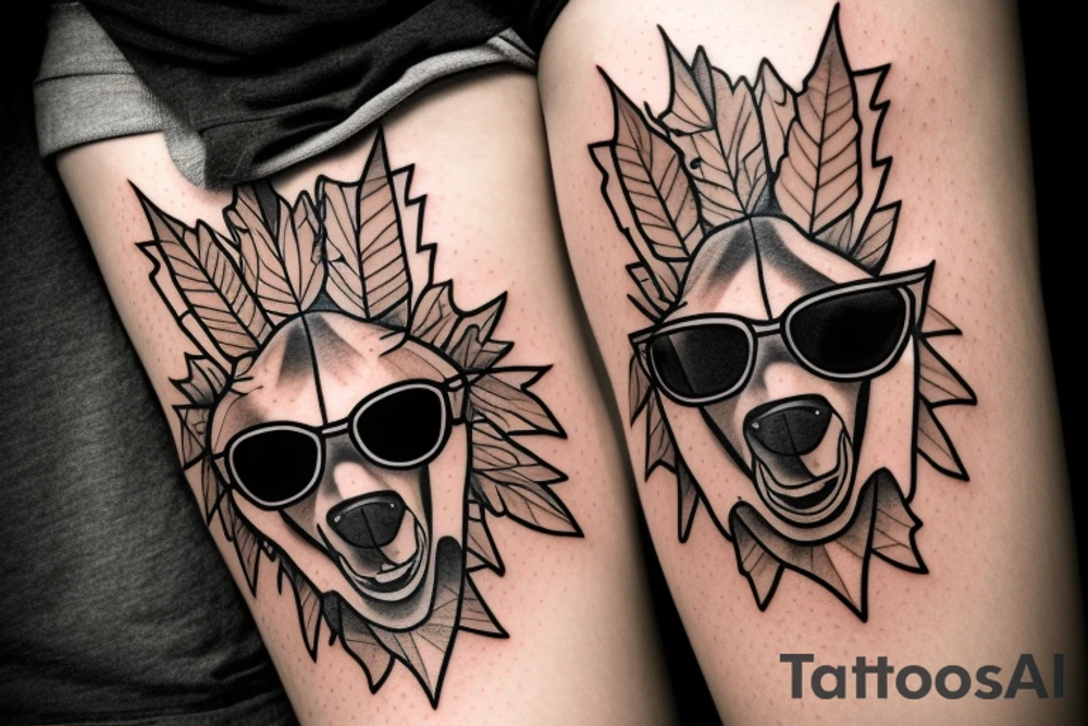 bear face wearing sunglasses, in one eye canadian maple leaf, in another eye jewish david star tattoo idea