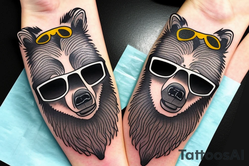 grizzly bear face wearing sunglasses tattoo idea