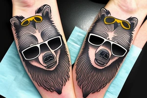 grizzly bear face wearing sunglasses tattoo idea