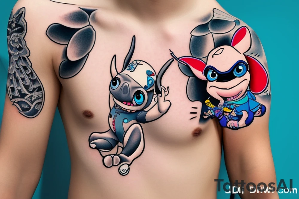 draw stitch from lilo and stitch with dji drone remote control tattoo idea