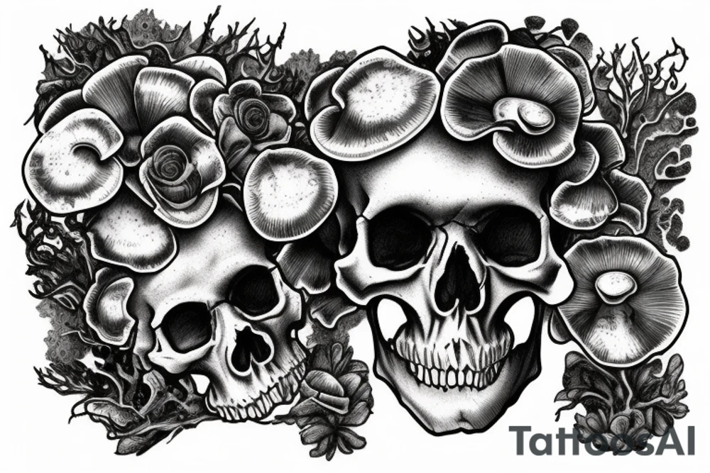 Human skull covered in moss with mushrooms growing out of it tattoo idea