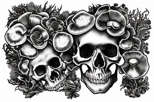 Human skull covered in moss with mushrooms growing out of it tattoo idea