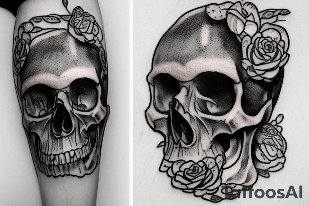 Human skull covered in moss with mushrooms growing out of it tattoo idea