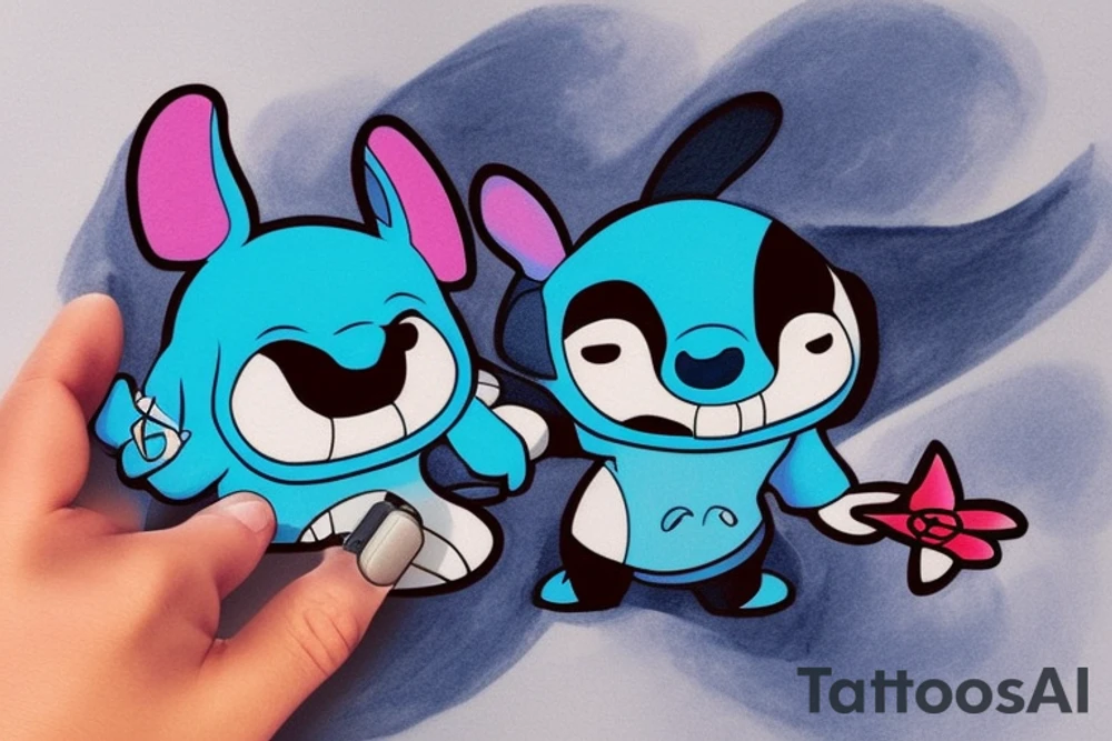 draw a stitch from the cartoon "lilo and stitch" with a remote control from the dji drone in your hands tattoo idea