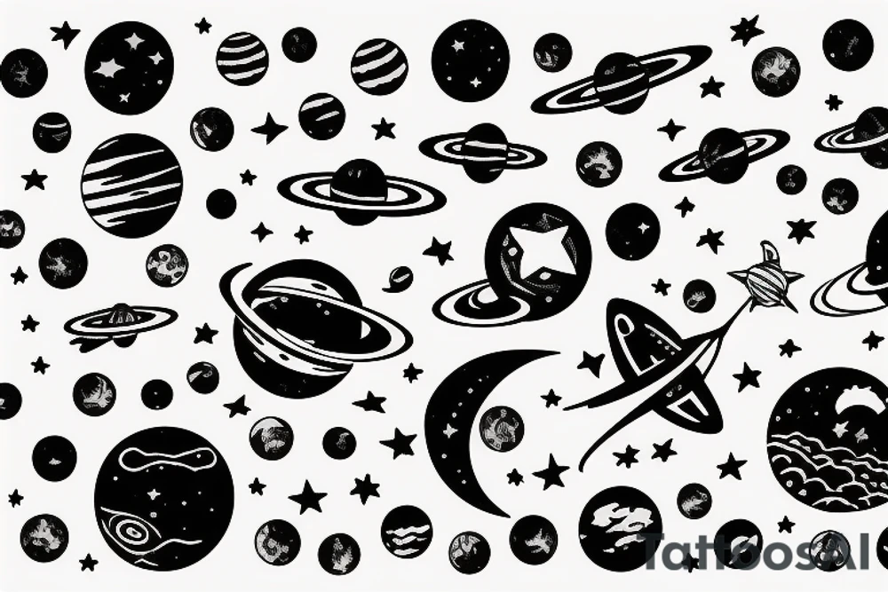 space with planets and stars with astronaut floating tattoo idea