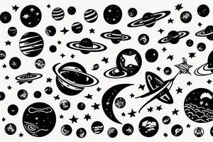 space with planets and stars with astronaut floating tattoo idea