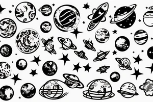 space with planets and stars with astronaut floating tattoo idea