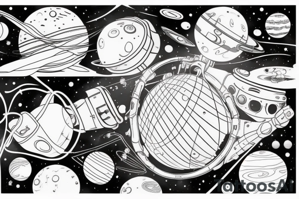 the astronaut holds a string at the end of which are gel balls, each ball symbolizes a planet in the solar system, that is, 1 ball - 1 planet.  It's all against the backdrop of space tattoo idea