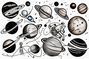 the astronaut holds a string at the end of which are gel balls, each ball symbolizes a planet in the solar system, that is, 1 ball - 1 planet.  It's all against the backdrop of space tattoo idea