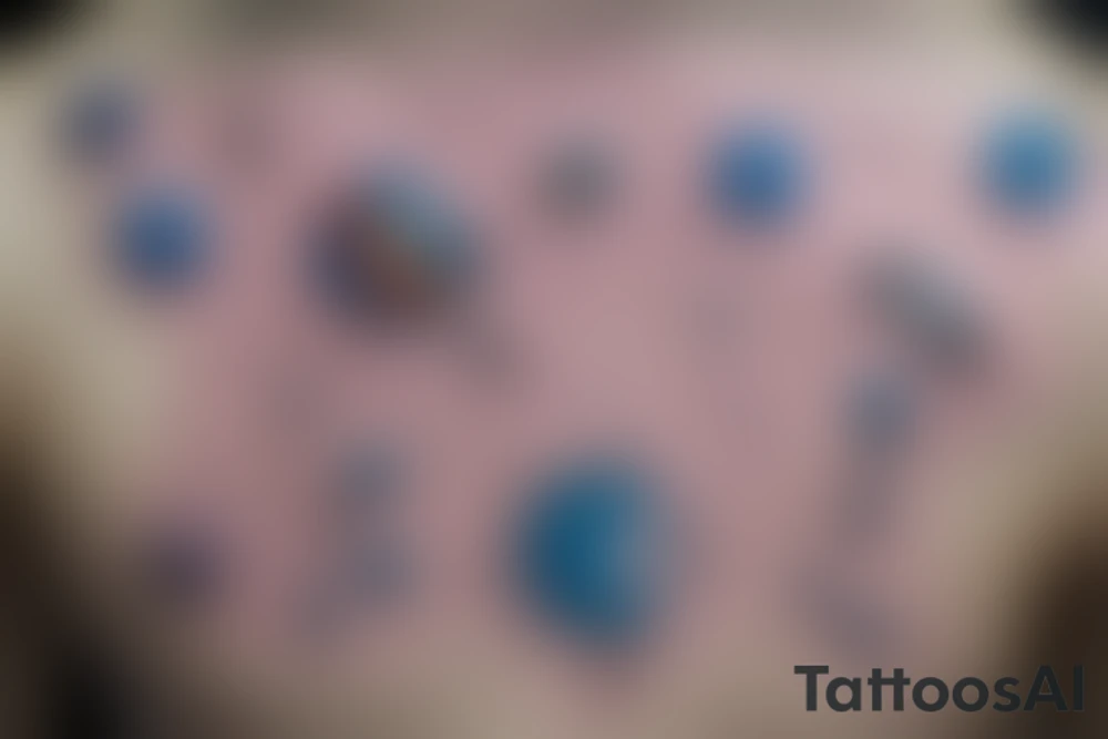 the astronaut holds a string at the end of which are gel balls, each ball symbolizes a planet in the solar system, that is, 1 ball - 1 planet.  It's all against the backdrop of space tattoo idea