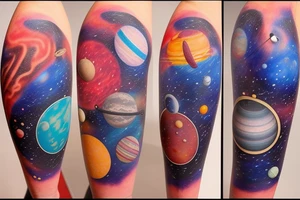 the astronaut holds a string at the end of which are gel balls, each ball symbolizes a planet in the solar system, that is, 1 ball - 1 planet.  It's all against the backdrop of space tattoo idea