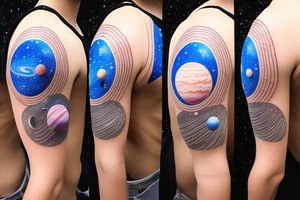 the astronaut holds a string at the end of which are gel balls, each ball symbolizes a planet in the solar system, that is, 1 ball - 1 planet.  It's all against the backdrop of space tattoo idea