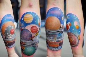 the astronaut holds a string at the end of which are gel balls, each ball symbolizes a planet in the solar system, that is, 1 ball - 1 planet.  It's all against the backdrop of space tattoo idea