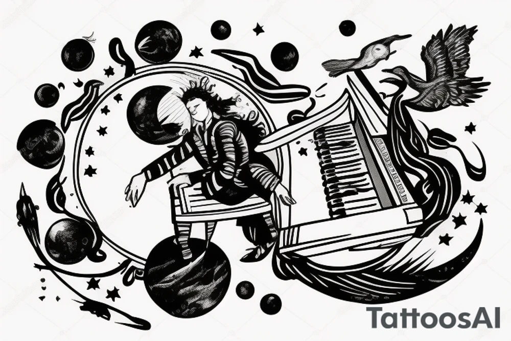 Floating Astronaut playing piano on a moon slice, piano shatteing into notes, notes morphing into birds tattoo idea