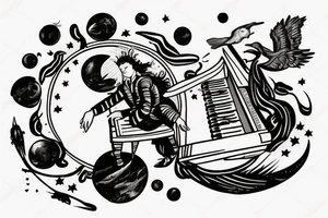 Floating Astronaut playing piano on a moon slice, piano shatteing into notes, notes morphing into birds tattoo idea