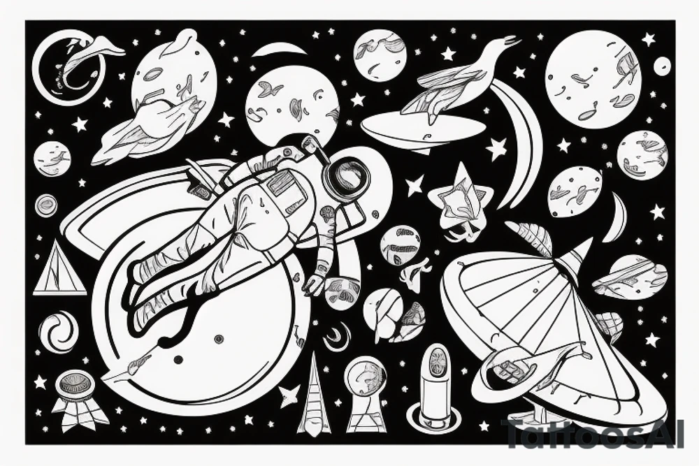 Floating Astronaut playing piano on a moon slice, piano shatteing into notes, notes morphing into birds tattoo idea