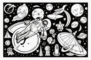 Floating Astronaut playing piano on a moon slice, piano shatteing into notes, notes morphing into birds tattoo idea