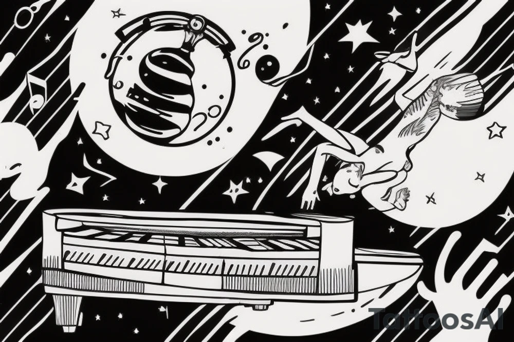 Floating Astronaut playing piano on a moon slice, piano shatteing into notes, notes morphing into birds tattoo idea