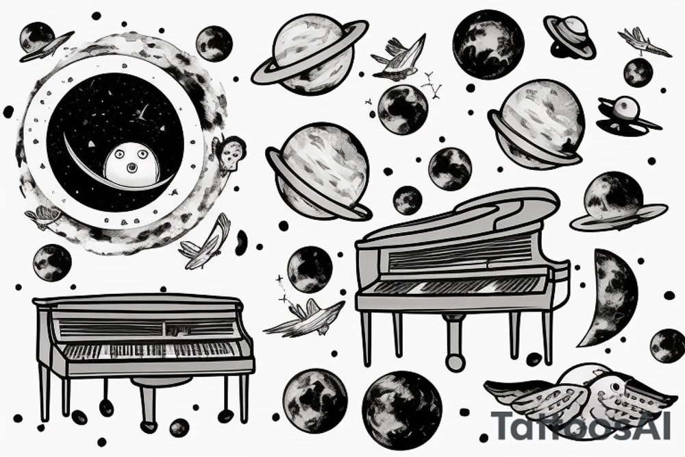 Floating Astronaut playing piano on a moon slice, piano shatteing into notes, notes morphing into birds tattoo idea