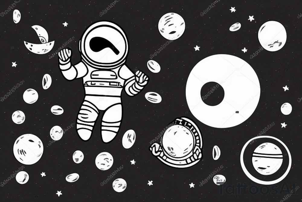 Floating Astronaut playing piano on a moon slice, piano shattering into notes, notes morphing into birds tattoo idea