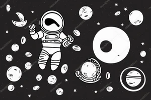 Floating Astronaut playing piano on a moon slice, piano shattering into notes, notes morphing into birds tattoo idea