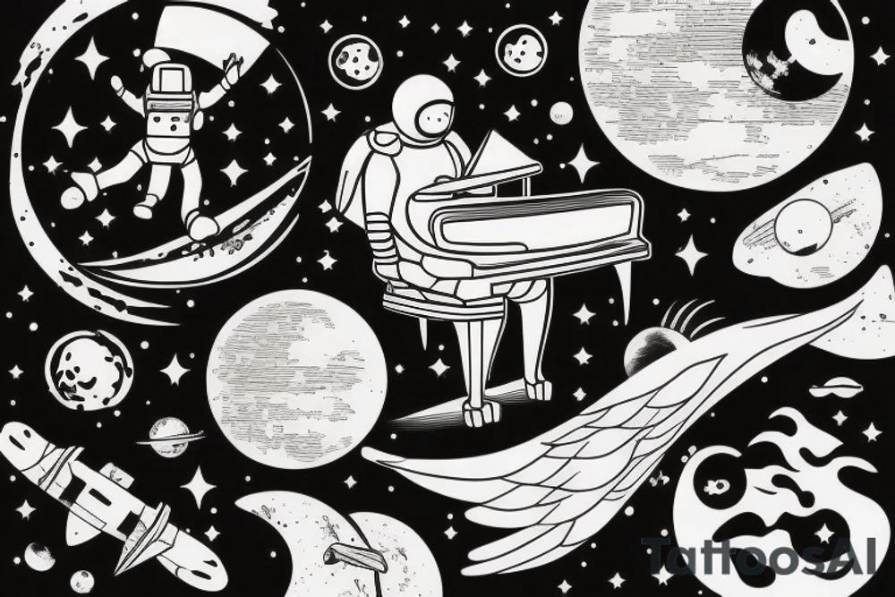 Floating Astronaut playing piano on a moon slice, piano shattering into notes, notes morphing into birds tattoo idea