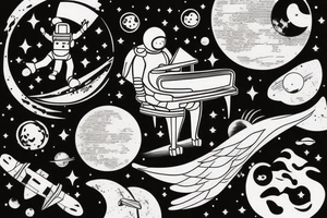 Floating Astronaut playing piano on a moon slice, piano shattering into notes, notes morphing into birds tattoo idea