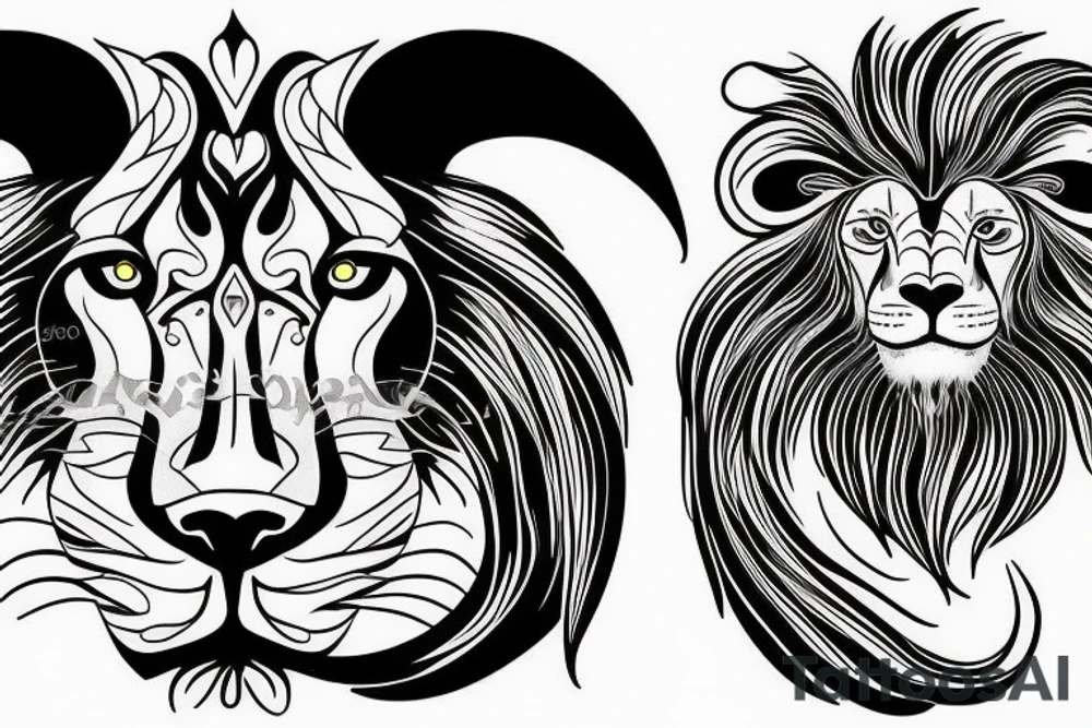 Half a ram face and half a lion face with a water background tattoo idea Half a ram face and half a lion face with a water background tattoo idea