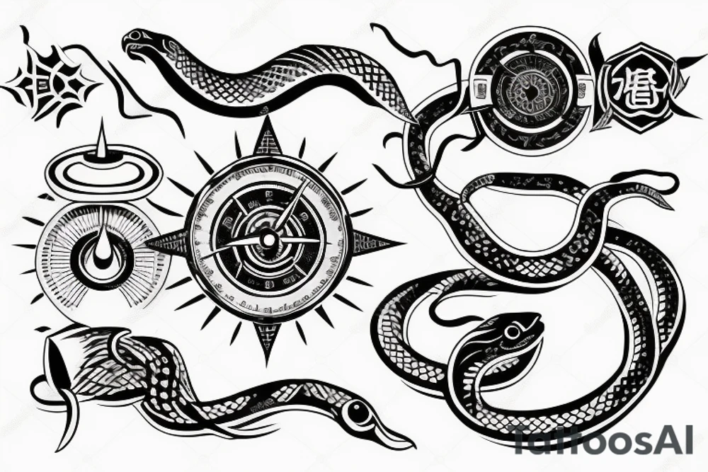 snake compass stars tattoo idea