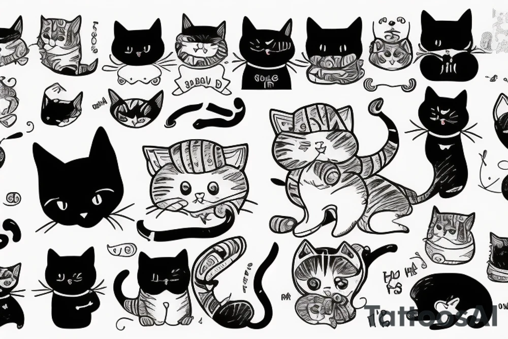 3 smal cats and his cat mom tattoo idea