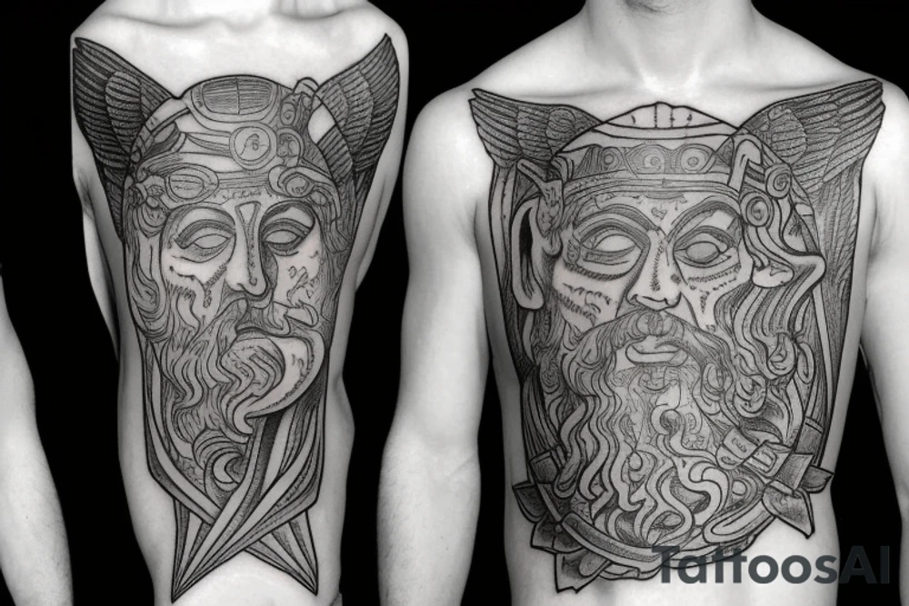 a tattoo from the neck to the elbow passing through the triceps. ancient gods, ancient greek, knowledge, life, pleasure tattoo idea