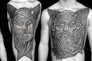 a tattoo from the neck to the elbow passing through the triceps. ancient gods, ancient greek, knowledge, life, pleasure tattoo idea