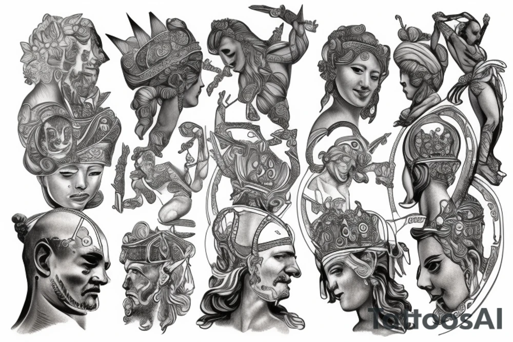 a tattoo from the neck to the elbow passing through the triceps. ancient gods, ancient greek, knowledge, life, pleasure tattoo idea