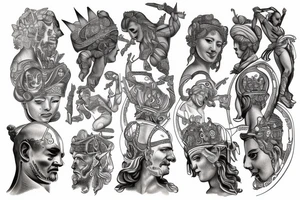 a tattoo from the neck to the elbow passing through the triceps. ancient gods, ancient greek, knowledge, life, pleasure tattoo idea