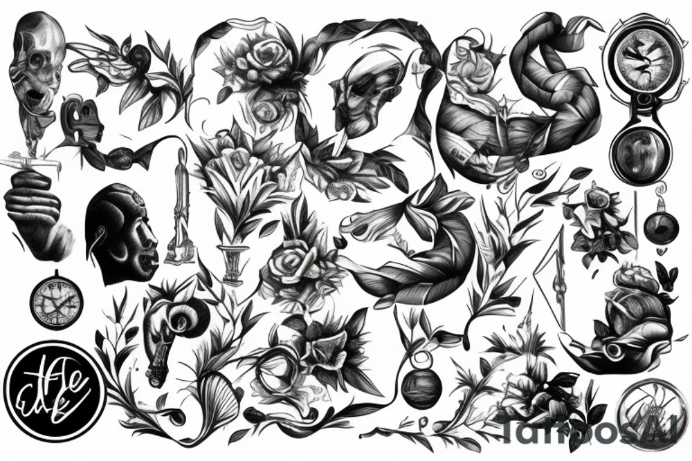 a tattoo from the neck to the elbow passing through the triceps, mythology, knowledge, life, pleasure tattoo idea
