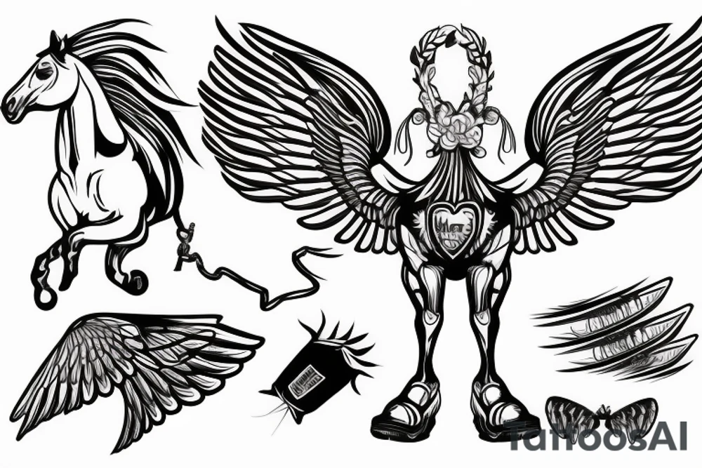 horse with 6 wings and mounted a boy with a balloon tattoo idea