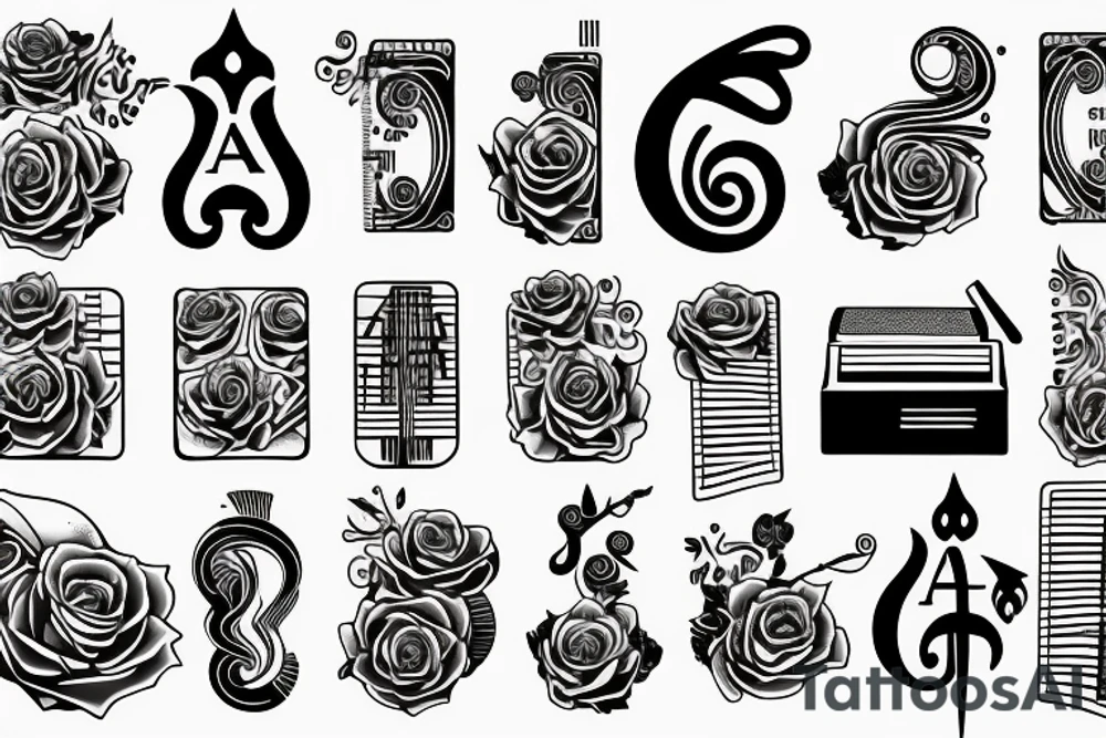 Aquarius, time, rose, piano keys tattoo idea