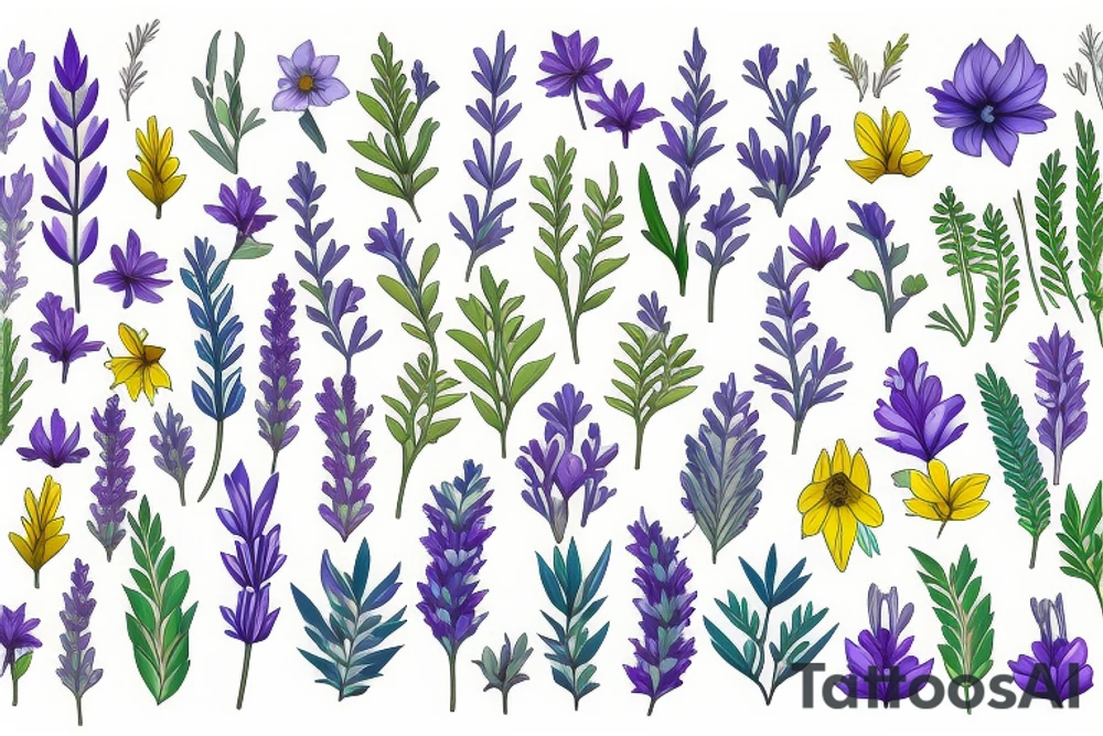 Daffodils, bluebells, lavender, ferns, colourful. tattoo idea